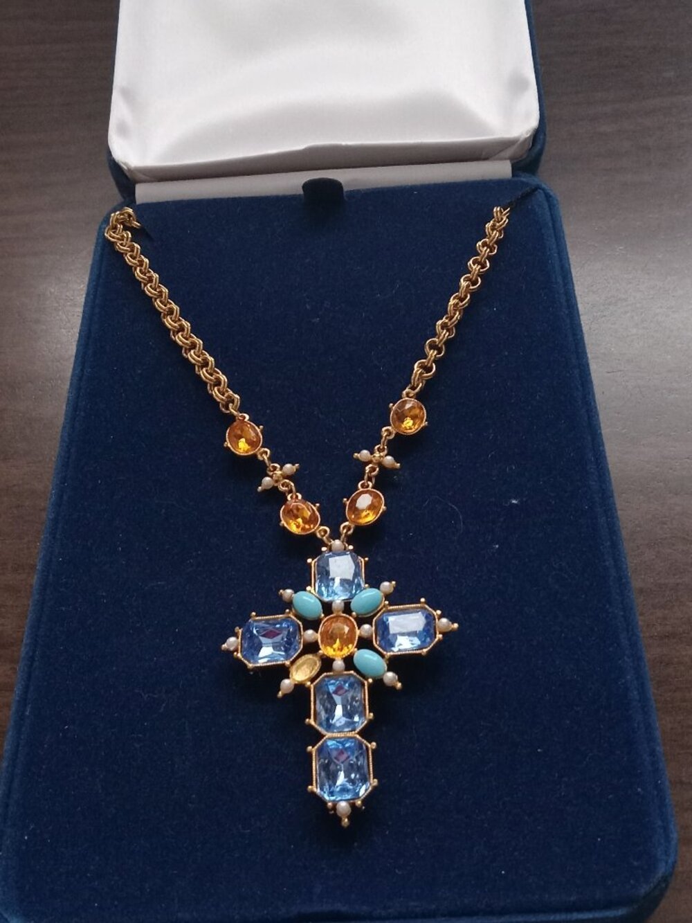 Vintage Camrose & Kross Jacqueline Kennedy JBK Blue & Gold Tone Cross in box